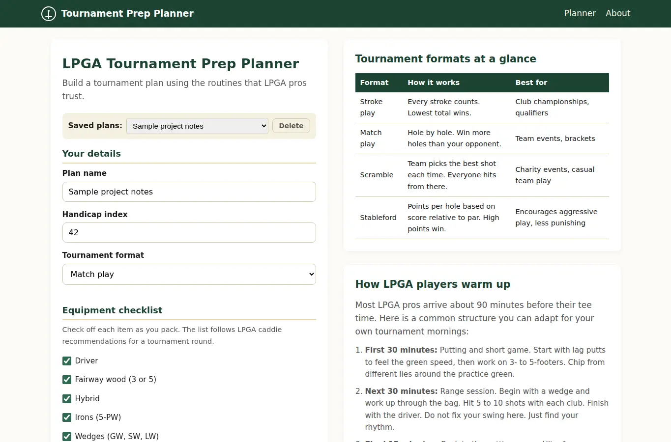 Screenshot of LPGA Tournament Prep Planner interface showing the project page in use